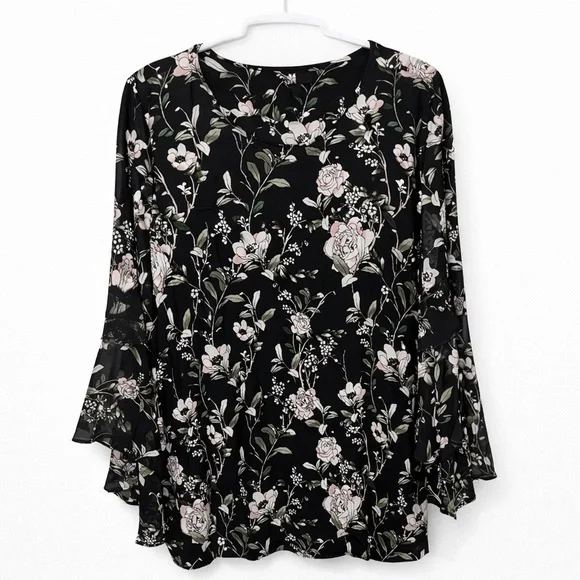 Alfani Large Graphic Floral flowy Flutter Sleeve BOHO Blouse in Black - Picture 1 of 8